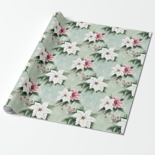 Wit Roze Elegante Kerstpunsettia's Cadeaupapier