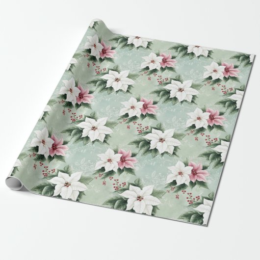 Wit Roze Elegante Kerstpunsettia's Cadeaupapier (Uitgerold)
