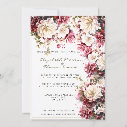 Wit & Roze Elegante Lente Bloemen Bruiloft Kaart (Voorkant)