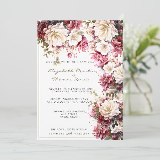 Wit & Roze Elegante Lente Bloemen Bruiloft Kaart (Staand voorkant)