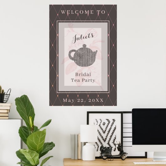 Wit-Roze en Diep-Taupe Bruids-Thee Welkomstbord Poster (Thuiskantoor)