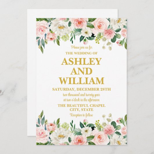 Wit Roze en Goud Boho Bohemian Greenery Wedding Kaart (Voorkant / Achterkant)