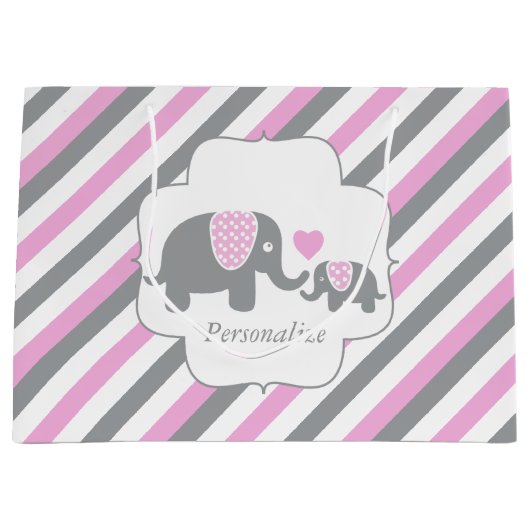 Wit, Roze en Grijze Baby shower Elephants Groot Cadeauzakje (Voorkant)