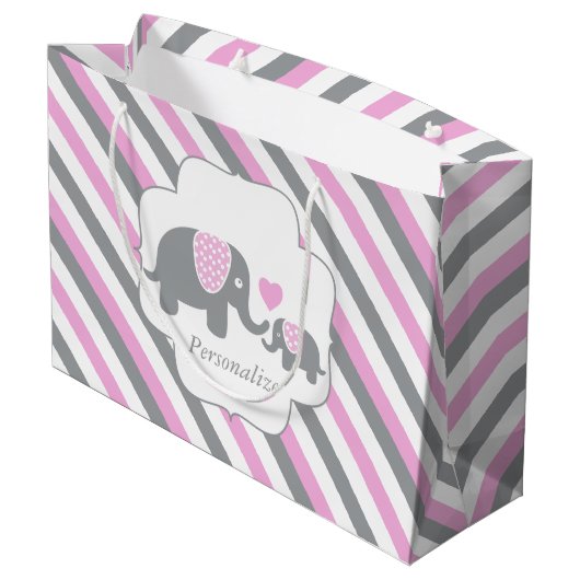 Wit, Roze en Grijze Baby shower Elephants Groot Cadeauzakje (Achterkant Gekanteld)