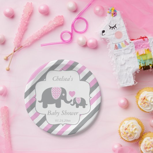 Wit, Roze en Grijze Baby shower Elephants Papieren Bordje (Feest)