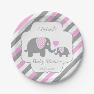 Wit, Roze en Grijze Baby shower Elephants Papieren Bordje