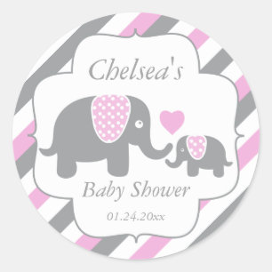 Wit, Roze en Grijze Baby shower Elephants Ronde Sticker