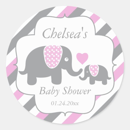 Wit, Roze en Grijze Baby shower Elephants Ronde Sticker (Voorkant)