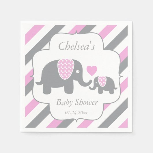 Wit, Roze en Grijze Baby shower Elephants Servet (Voorkant)