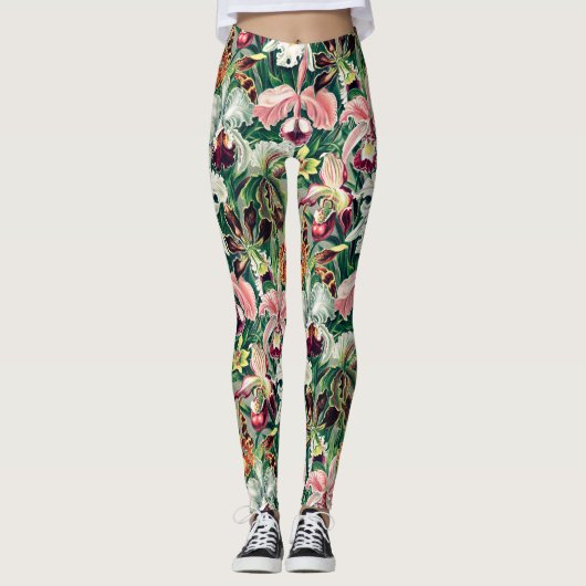 Wit Roze Geel Groen Orchidee Patroon Leggings (Voorkant)
