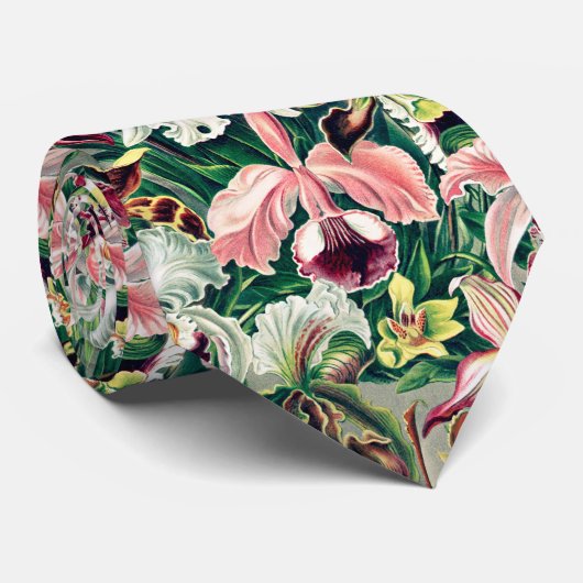 Wit Roze Geel Groen Orchidee Patroon Stropdas (Opgerold)