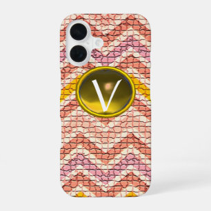WIT ROZE GELE MOZAÏEK CHEVRONS EDELE STEEN MONOGRA iPhone 16 HOESJE