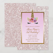 Wit Roze Glitter Gouden Eenhoorn Verjaardagsfeest Kaart (Voorkant / Achterkant)