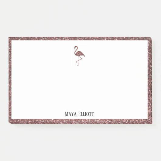 Wit + Roze Goud Glitter Flamingo & Rand met Naam Post-it® Notes (Voorkant)