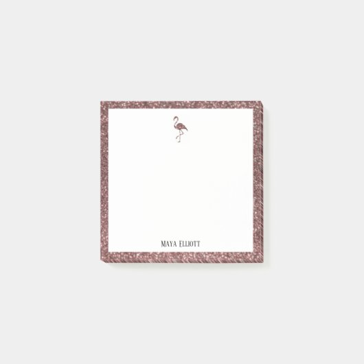 Wit + Roze Goud Glitter Flamingo & Rand, Naam Post-it® Notes (Voorkant)