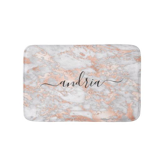 Wit & Roze Goud Marmer 2, Glitters, Script Naam Badmat (Voorkant)
