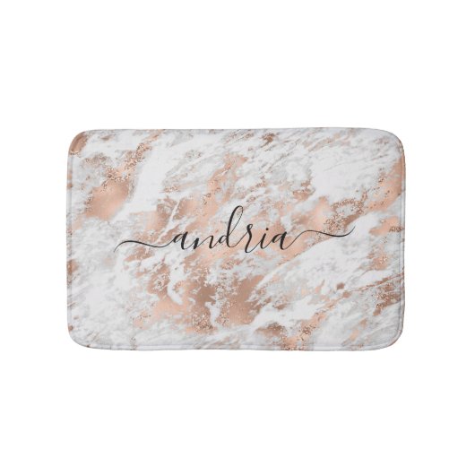 Wit & Roze Goud Marmer 3, Glitter, Script Naam Badmat (Voorkant)