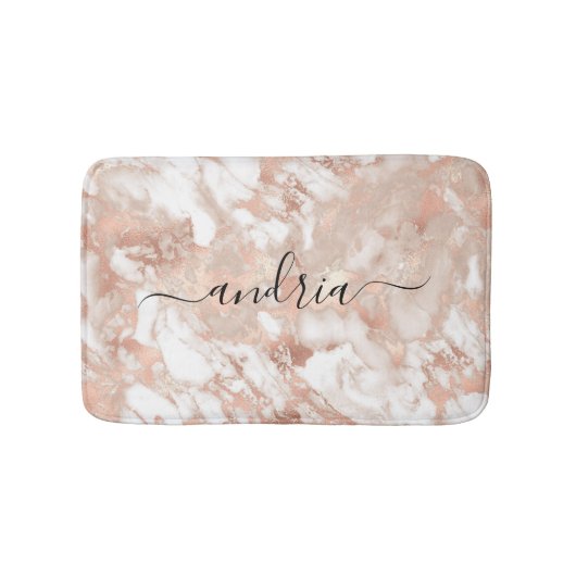 Wit & Roze Goud Marmer 6, Zwarte Script Naam Badmat (Voorkant)