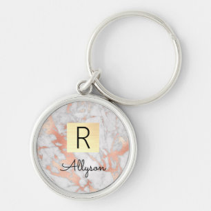 Wit & Roze Goud Marmer Gouden Doos, Naam & Monogra Sleutelhanger