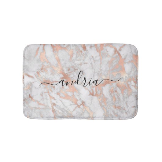 Wit & Roze Goud Marmer, Zwarte Script Naam Badmat (Voorkant)