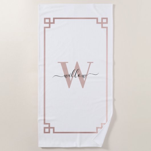 Wit & Roze Goud Roze Griekse Sleutel Monogram   Strandlaken (Voorkant)