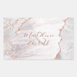 Wit & Roze Gouden Agaat Marmeren Monogram Bruiloft Rechthoekige Sticker