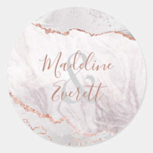 Wit & Roze Gouden Agaat Marmeren Monogram Bruiloft Ronde Sticker