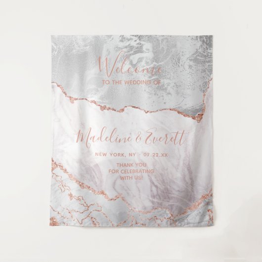 Wit & Roze Gouden Agate Marmer Bruiloft Welkom Wandkleed (Voorkant)