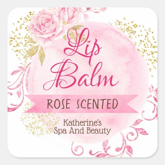 Wit Roze Gouden Bloemen Roos Lippenbalsem Scrub La Vierkante Sticker (Voorkant)