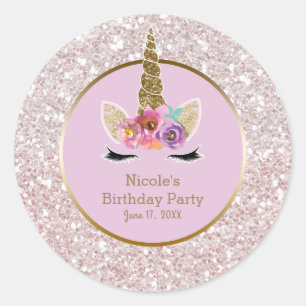 Wit Roze Gouden Glitter Glam Eenhoorn Feest Favori Ronde Sticker