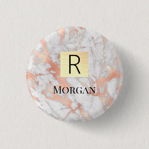 Wit & Roze Gouden Marmer Gouden Doos, Naam & Monog Ronde Button 3,2 Cm