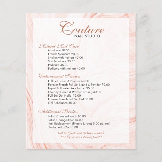 Wit & Roze-Gouden Marmer Krullen Menu Lijst (Voorkant)