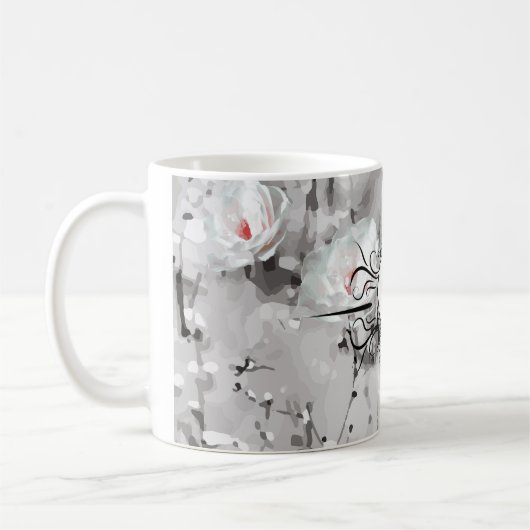 Wit roze grijs wit bloemmotief monogram koffiemok (Links)