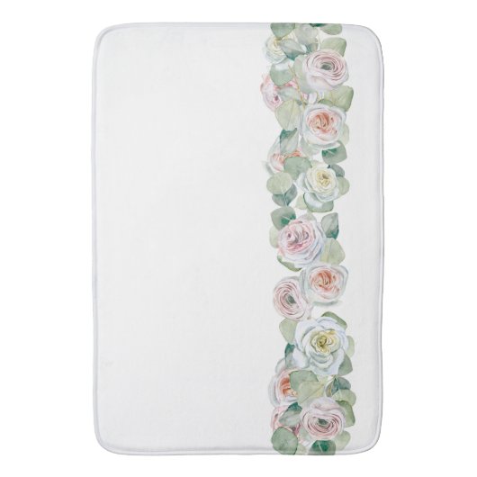 Wit roze groen delicate waterverf rozen bladeren badmat (Voorkant Verticaal)