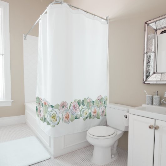 Wit roze groen delicate waterverf rozen bladeren douchegordijn (In situ)