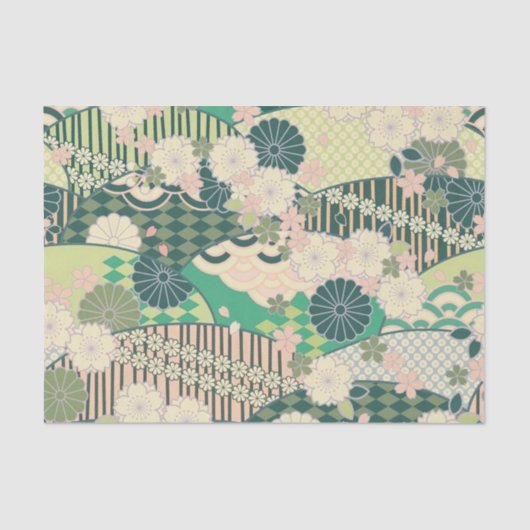 Wit Roze Groen Japans Kimono Bloemen Decoupage Tissuepapier (Voorkant)