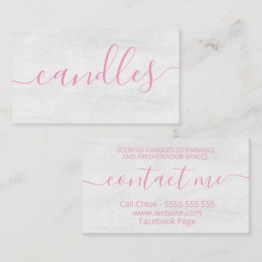 Wit-roze handgemaakte kaarsenmos met witte kleur visitekaartje (Voorkant / Achterkant)
