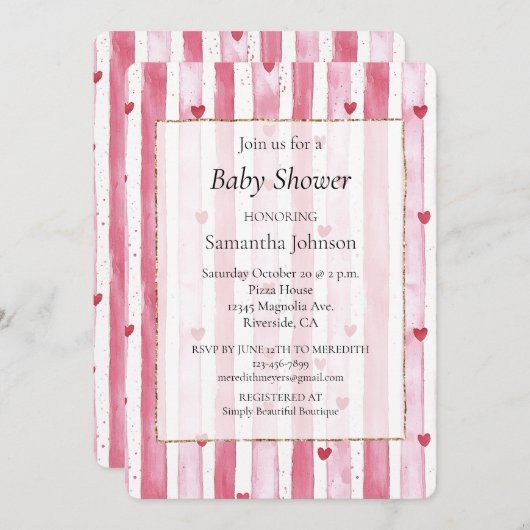 Wit Roze Hart Stripes Baby shower Kaart (Voorkant / Achterkant)