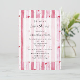 Wit Roze Hart Stripes Baby shower Kaart