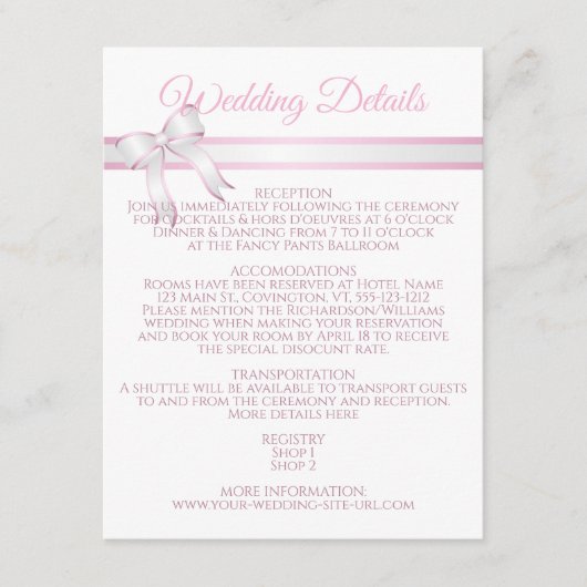 Wit & Roze Lint Trouwdetails Behuizing Informatiekaartje (Voorkant)