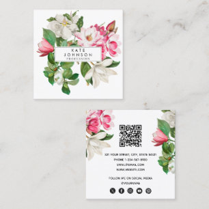 Wit & Roze Magnolia Flowers QR Code Vierkante Visitekaartje