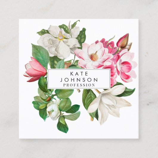  Wit & Roze Magnolia Flowers QR Code Vierkante Visitekaartje (Voorkant)