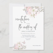 Wit Roze Magnolia's Vlinder Script Bruiloft Kaart (Voorkant)