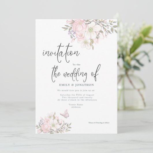 Wit Roze Magnolia's Vlinder Script Bruiloft Kaart (Staand voorkant)