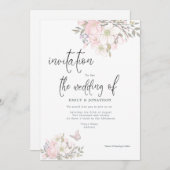 Wit Roze Magnolia's Vlinder Script Bruiloft Kaart (Voorkant / Achterkant)