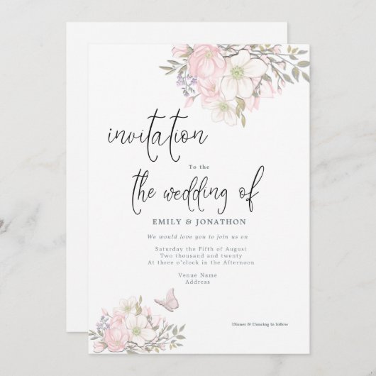 Wit Roze Magnolia's Vlinder Script Bruiloft Kaart (Voorkant / Achterkant)