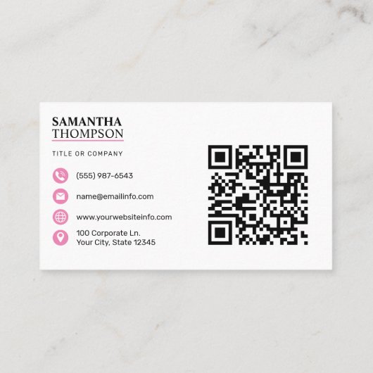 Wit Roze Moderne Minimalistische Professionele QR  Visitekaartje (Achterkant)