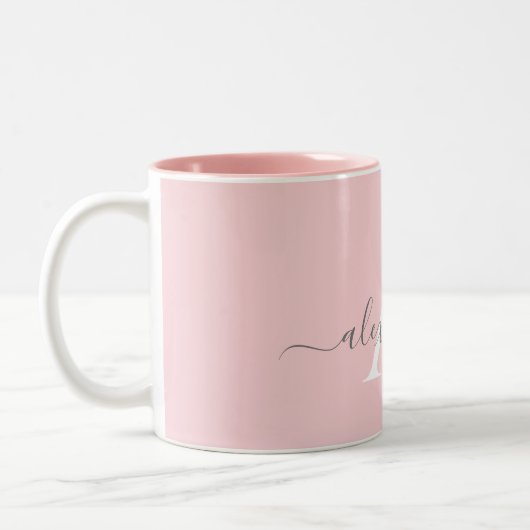 Wit Roze Naam Initiaal Monogram Elegant Script Tweekleurige Koffiemok (Links)