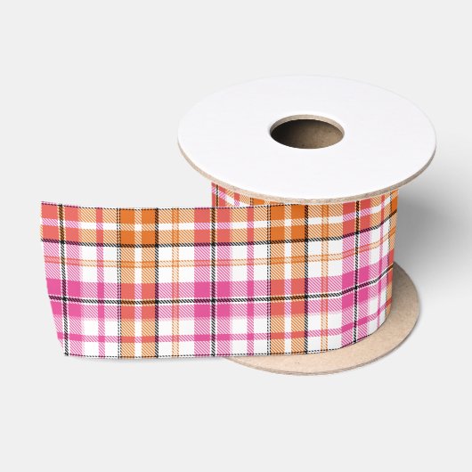 Wit Roze Oranje Schotse Ruit Ontwerp Satijnen Lint (Spoel)
