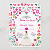 Wit Roze Otomi Borduurwerk Quinceañera uitnodiging (Voorkant / Achterkant)